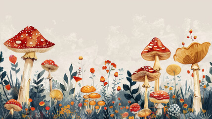 Obraz na płótnie Canvas Magic mushrooms in the forest. Folk style.