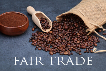 Fair Trade Coffee: Roasted coffee beans with the text Fair Trade.