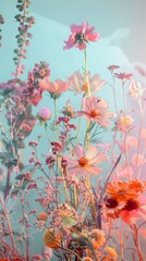 A variety of colorful flowers, an abstract nature backdrop with a pastel gradient sky. Concept of International Women's Day