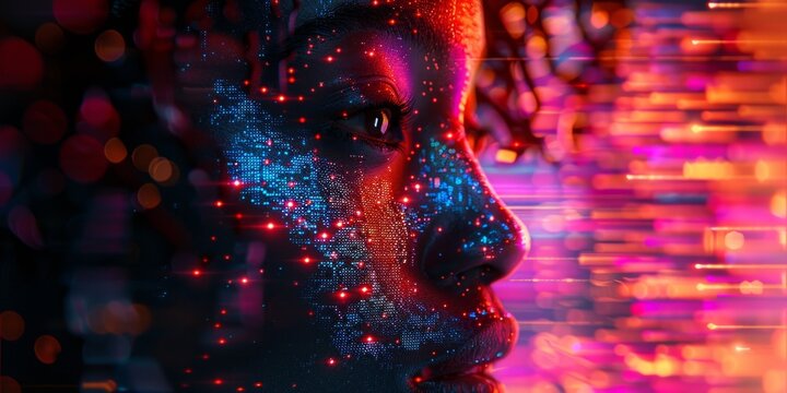 Hologram of the black woman face composed of vibrant digital pixels against the glowing digital data streams