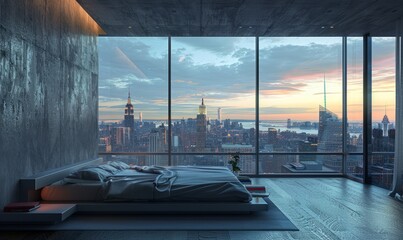 High rise apartment bedroom with large window view of a city. Upscale urban condo.