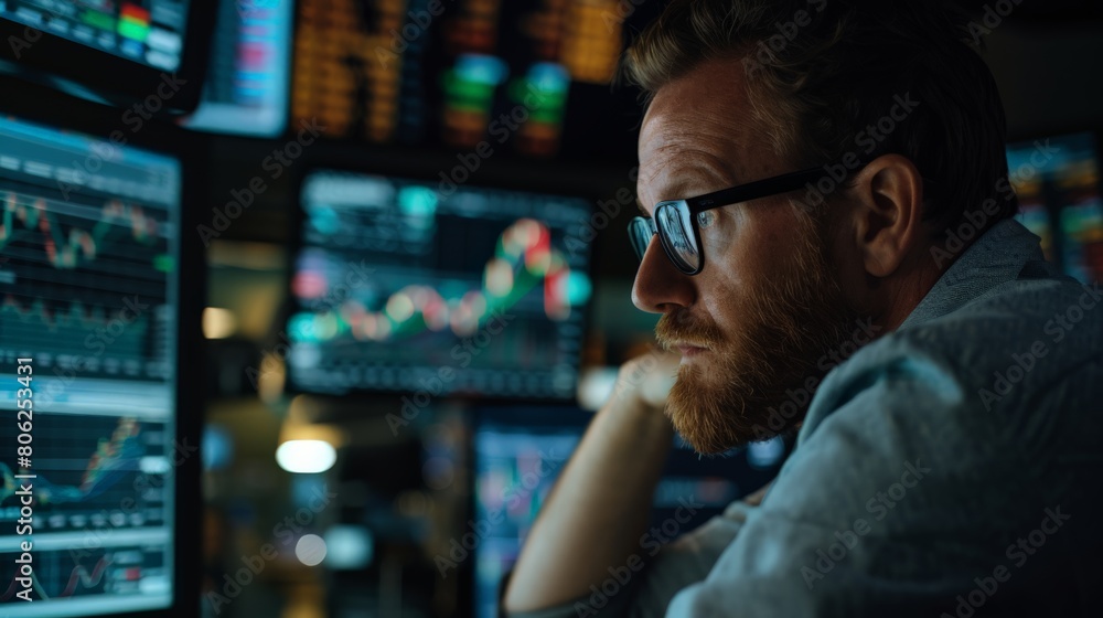 Poster focused trader monitoring stock market trends at night. strategic investment and data analysis conce