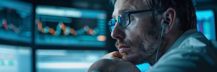 Trader analyzing financial charts on multiple screens. Focus on strategic investment and market trends.