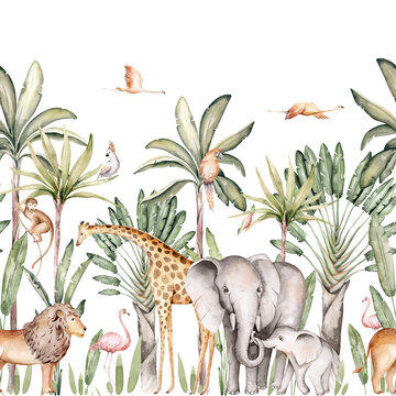 Wild animals watercolor seamless pattern with giraffe and elephant, monkey with cockatoo, parrot savannah with palm trees. Repeating background.