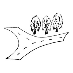 A fork in the road and trees. Nature. A sketch. A hand-drawn drawing. A design element. Clip-Art