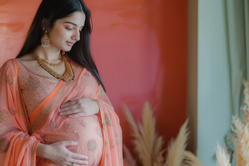 pregnant woman touching her stomach.