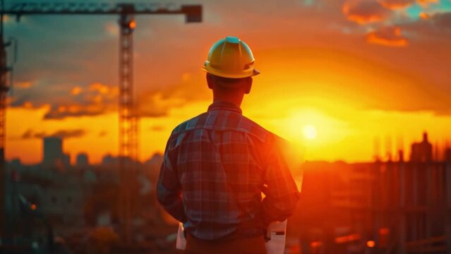 A male architect or engineer looking at the blueprint Planning and reviewing blueprints while standing construction site in the evening light of sunset