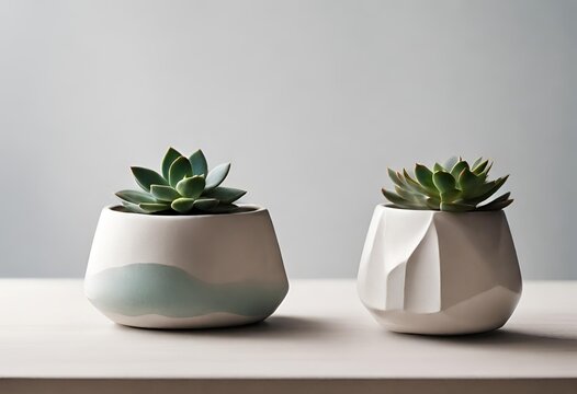 Dos maceteros sobre un fondo de color gris