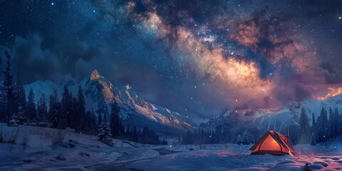 Tent at campground under milky way night landscape in snowy mountains - Powered by Adobe