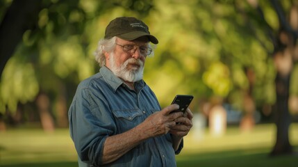 Senior man using smartphone in a park, technology connectivity in retirement. Elderly engagement with modern devices concept.