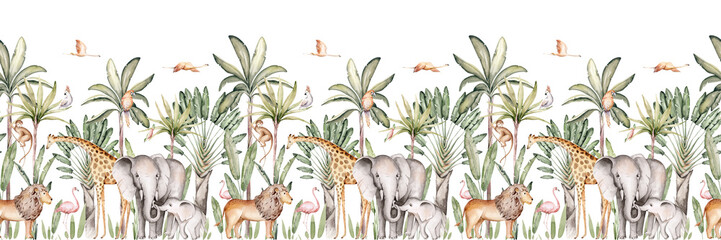 Tropical hand drawn forest seamless border. Watercolor repeating wallpaper design. Palm trees jungle scene. Hand painted background