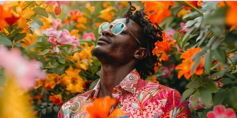 Dancing trendy African American man in colorful dress surrounded by the blooming flowers