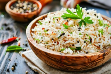 Indian Basmati Rice Served in a Wooden Plate - Authentic Cuisine, Traditional Meal