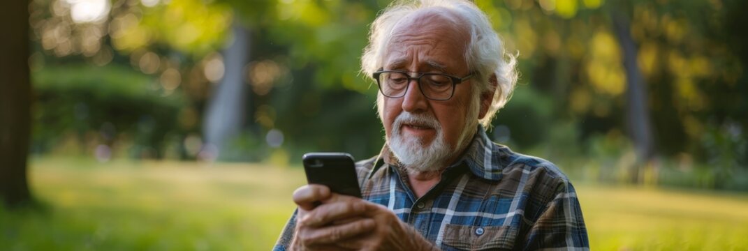 Surprised senior man looking at smartphone in park, experiencing modern technology. Shock and curiosity in elder's digital interaction concept.