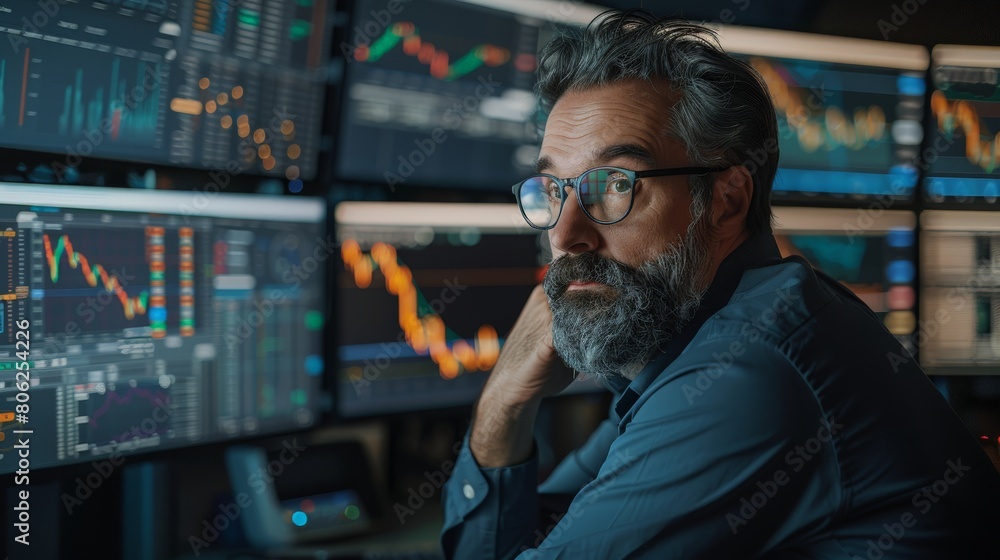 Poster Senior financial expert reviews real-time stock data on screens, expertise and analysis in a modern trading setting concept.