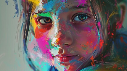 In an illusionary digital artwork, a girl appears to cover her hands with a vibrant array of colorful paint, creating a captivating and imaginative scene.