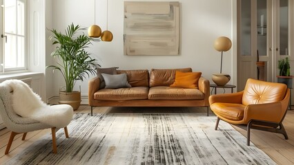 Scandinavian home with elegant living room midcentury furniture cozy carpet plants. Concept Scandinavian Design, Elegant Living Room, Midcentury Furniture, Cozy Carpet, Indoor Plants