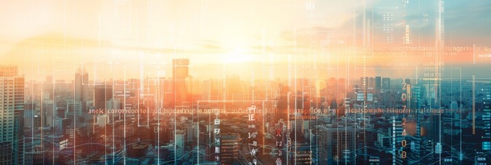 Global financial trends overlaid on a cityscape at sunset, representing data-driven investment and economic forecasts.