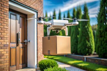 Obraz premium Artistic Shot of a Compact, Modern Drone Delivering a Small Package to a Residential Doorstep