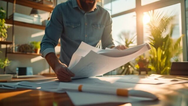 Close-up of blueprint of male architect or engineer planning and reviewing blueprints on table in modern office