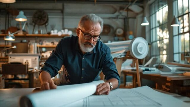 Senior male architect or engineer holding blueprints Working on planning and reviewing blueprints on the table in a modern office