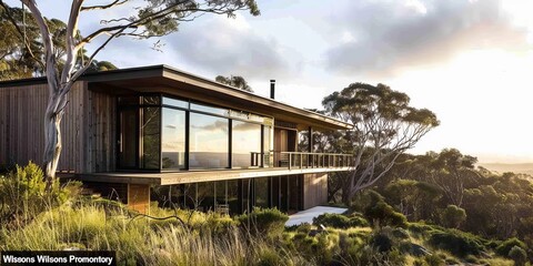 Luxurious Wooden Country House near "Wilsons Promontory" South Australia. Holiday home that can be rented. Architecture seems nordic. generative ai.