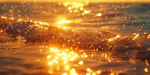 Golden sunlight dances on the sea's surface, creating a sparkling texture as waves gently lap the shore