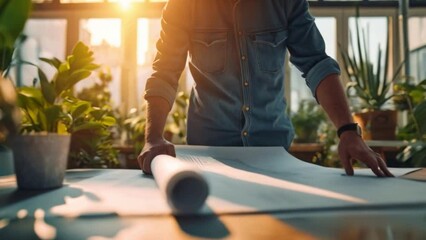 A close-up of blueprint of male architect or engineer planning and reviewing blueprints on table in modern office