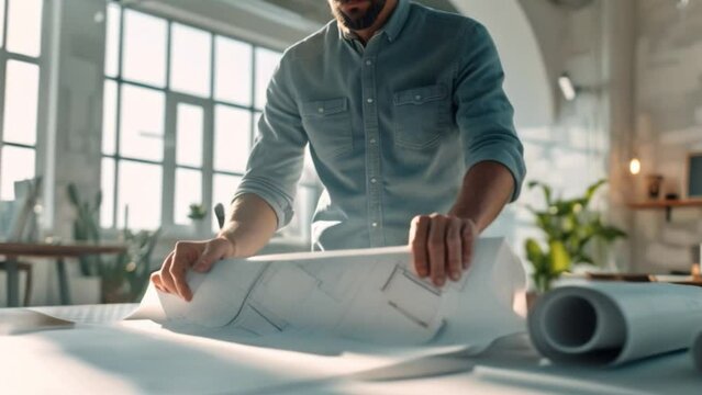 Close-up of blueprint of male architect or engineer planning and reviewing blueprints on table in modern office