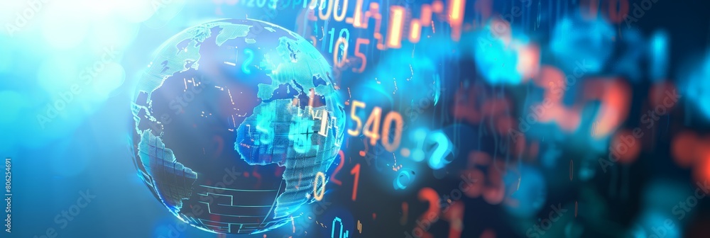 Poster illuminated globe with digital financial data, symbolizing global economics and market trends. digit
