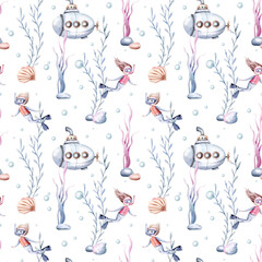Watercolor seamless pattern with cute cartoon snorkeling, scuba diver kids boy girl submarine, corals, seahorse fish and dolphin. Texture for wallpaper, print, cover design, fabric, nursery design