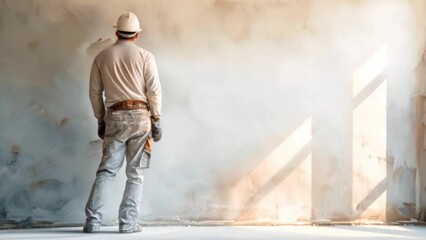 A painter polishes and sands white walls after puttingty before painting in a new apartment banner with a wide angle lens in daylight	
