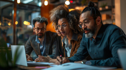 Intense team meeting at a modern office with three diverse professionals collaborating over a laptop.