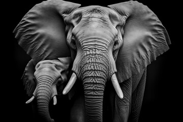 Elephant with elephant cub in black and white photography art design