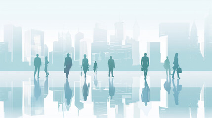 A group of people walking in a city with a blue sky background. The people are walking in different directions and some are carrying bags. The scene is busy and bustling