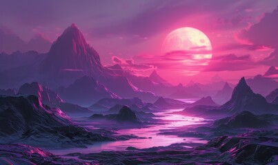 Synthwave retro cyberpunk style landscape background banner or wallpaper. Bright neon pink and...