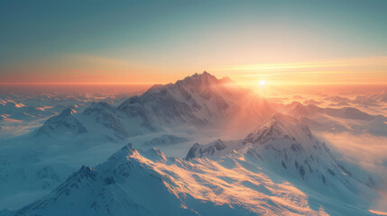 Breathtaking sunrise illuminating a vast snowy mountain range with a warm golden glow. - Powered by Adobe
