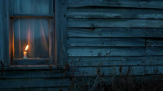 A lone candle burning in a window of the abandoned farmhouse despite no one living inside. 2d flat cartoon.