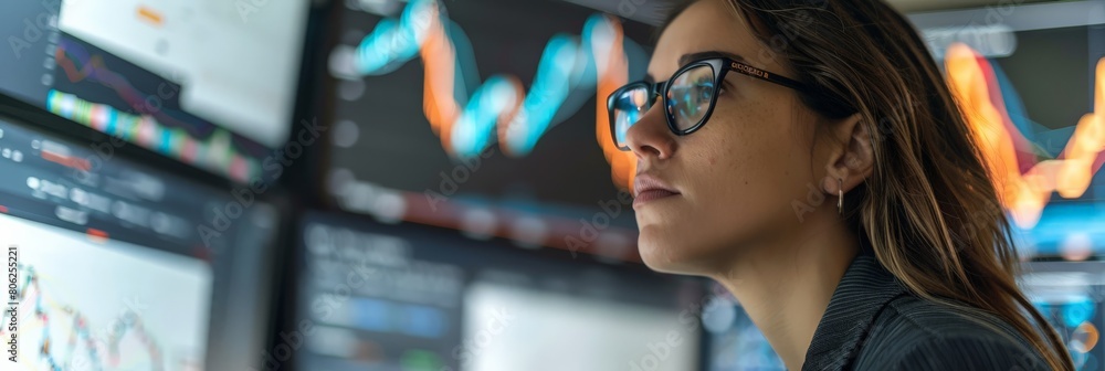 Poster young financial professional reviewing market data on screens in a tech-driven trading environment. 