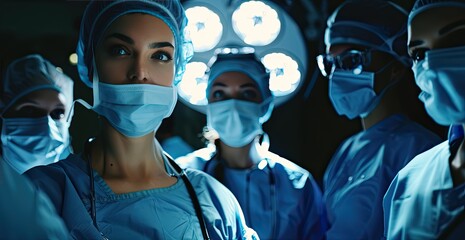 Doctors in operating clothes stand in a semicircle above the operating table in the light of the lighting.