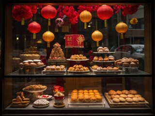 Fototapeta premium Charming Lunar New Year Bakery Window DisplayFestive Decor