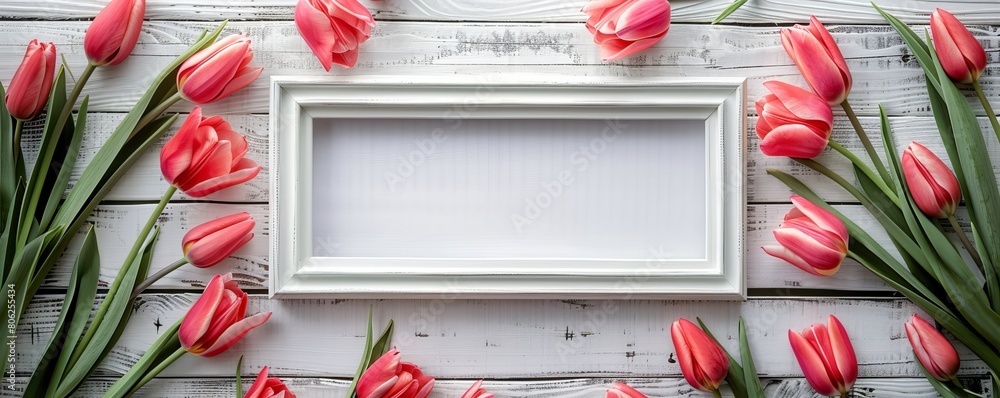 Poster tulips surrounding a blank frame on a white wooden surface. generative ai image
