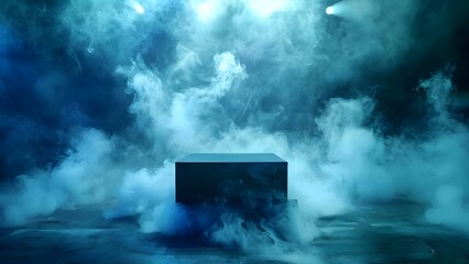 Dramatic Stage Setting: Dark Podium on Concrete Floor with Smoke and Spotlight. Concept Stage Design, Podium Setup, Smoke Effects, Lighting Techniques, Dramatic Atmosphere