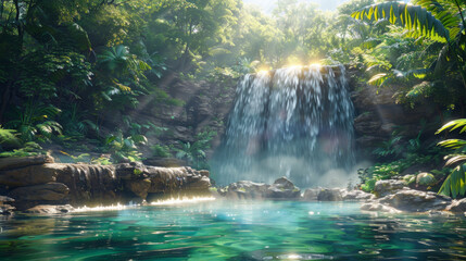 A serene tropical waterfall cascades into a crystal-clear pond surrounded by lush greenery and sunlight.