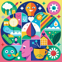 Abstract expressions of mental health themes using bright, hopeful colors for wellness and self-help subjects.