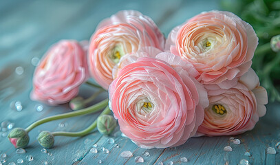 Pink ranunculus flowers on blue wooden background.