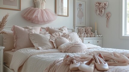 A ballet-themed bedroom with a tutu hanging on the wall and ballet slippers as decor.