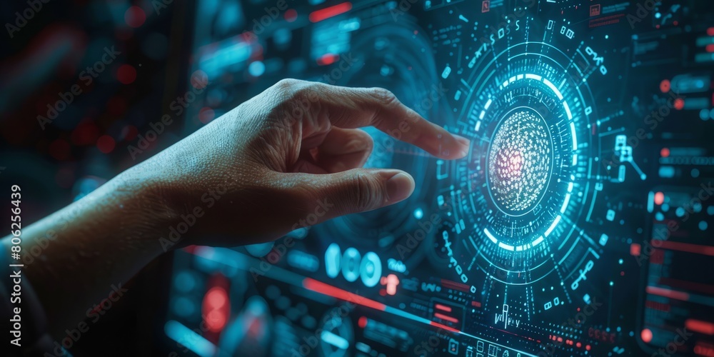 Poster futuristic touch interaction with digital interface. biometric prints.
