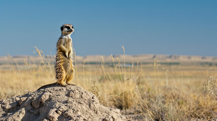 A captivating shot of a meerkat standing upright on a small mound of earth,