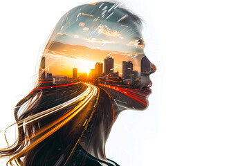double exposure effect, silhouette of a woman and city on white background with copy space